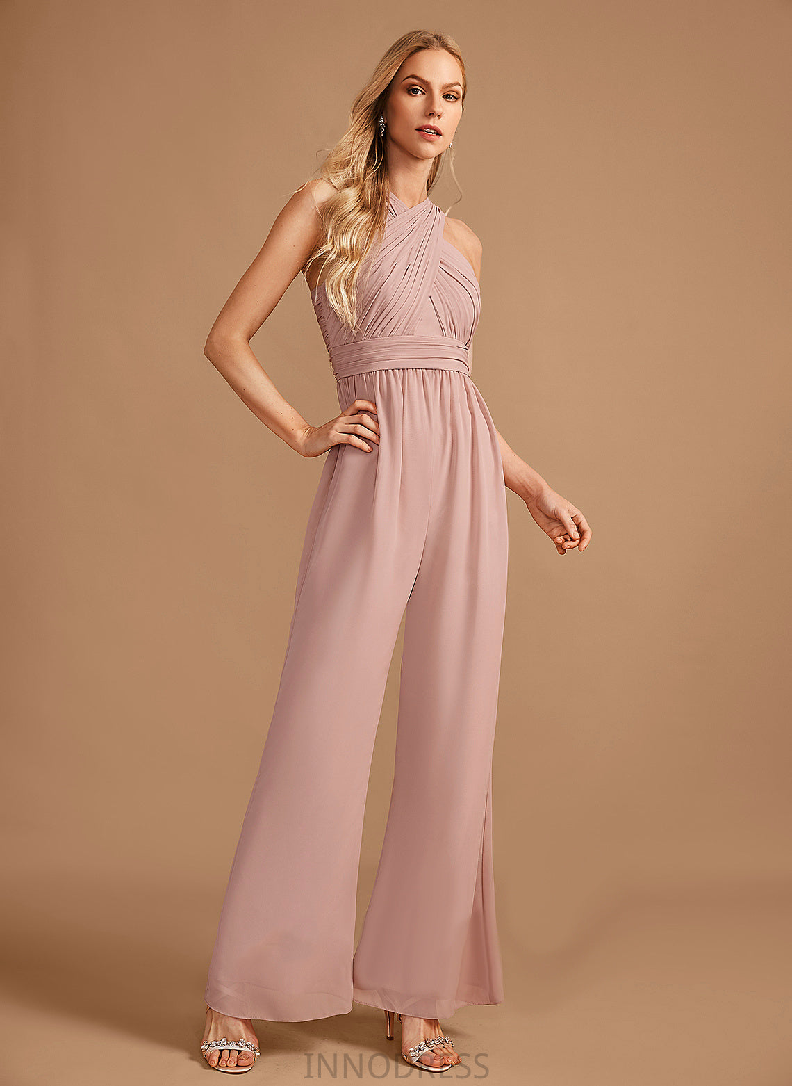 Neckline Floor-Length Length Pleated Embellishment Straps Fabric HighNeck Laney Natural Waist Sleeveless A-Line/Princess Bridesmaid Dresses