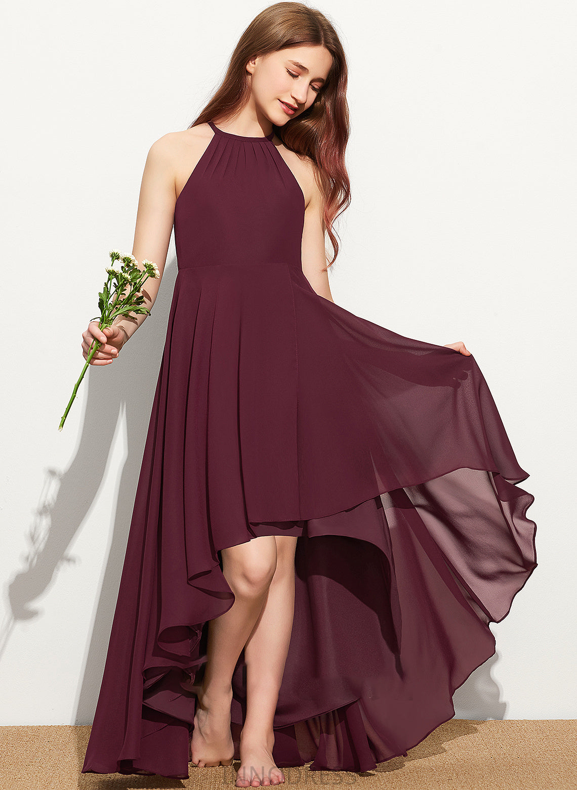 Ruffle Junior Bridesmaid Dresses Asymmetrical Neck A-Line Chiffon With Alannah Scoop