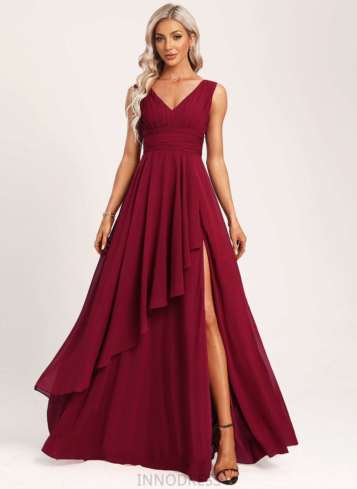 Fabric Length Ruffle Silhouette A-Line Embellishment Neckline V-neck Floor-Length Sherlyn V-Neck Floor Length Bridesmaid Dresses