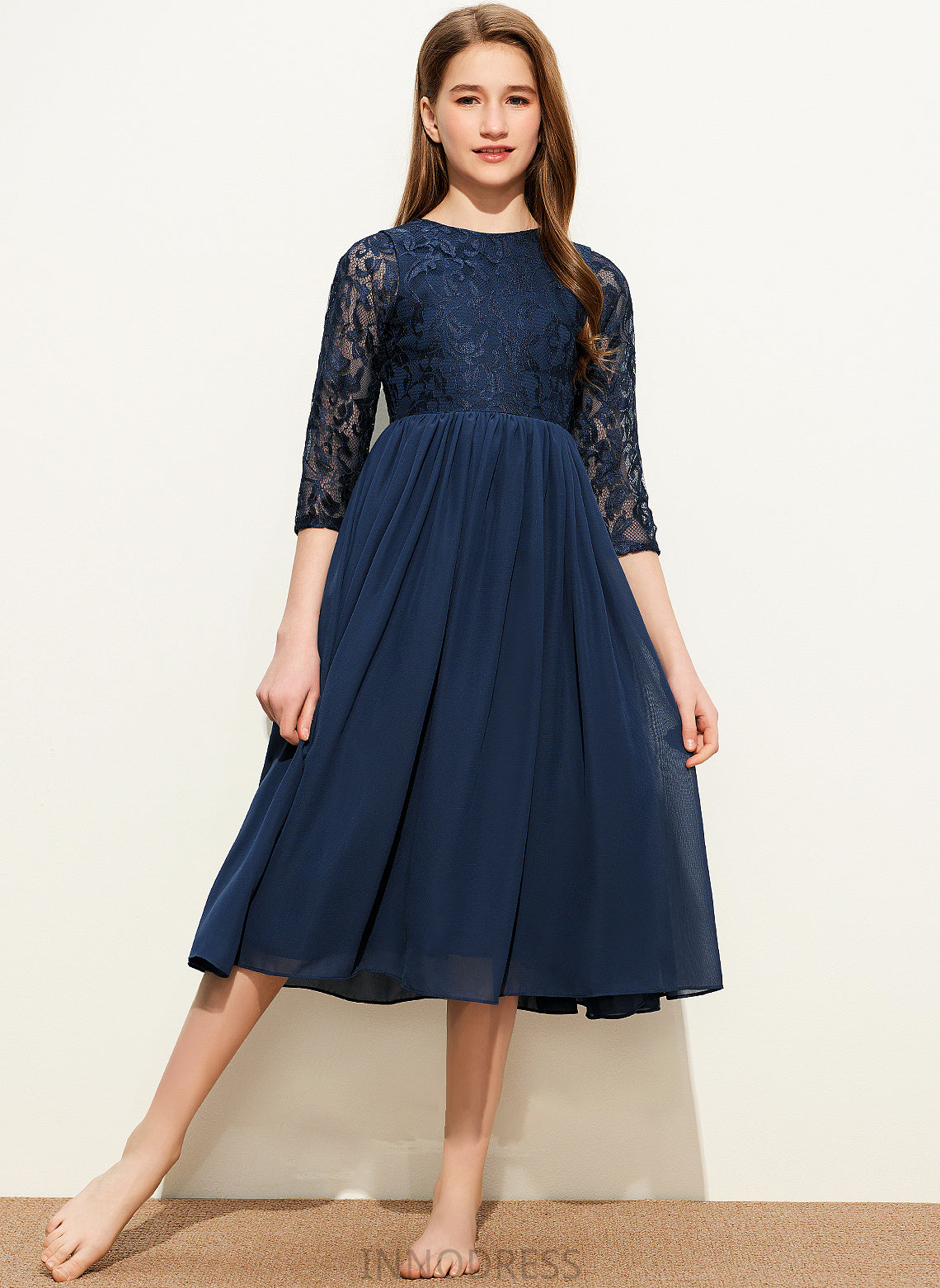 Scoop Lace Dominique Tea-Length Neck A-Line Chiffon Junior Bridesmaid Dresses