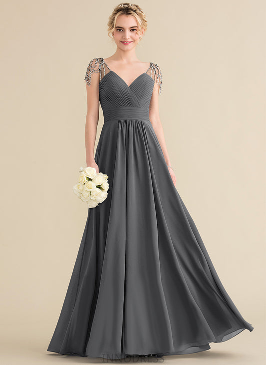 Floor-Length Beading V-neck Neckline Embellishment Fabric A-Line Pleated Length Silhouette Sequins Ashleigh Bridesmaid Dresses