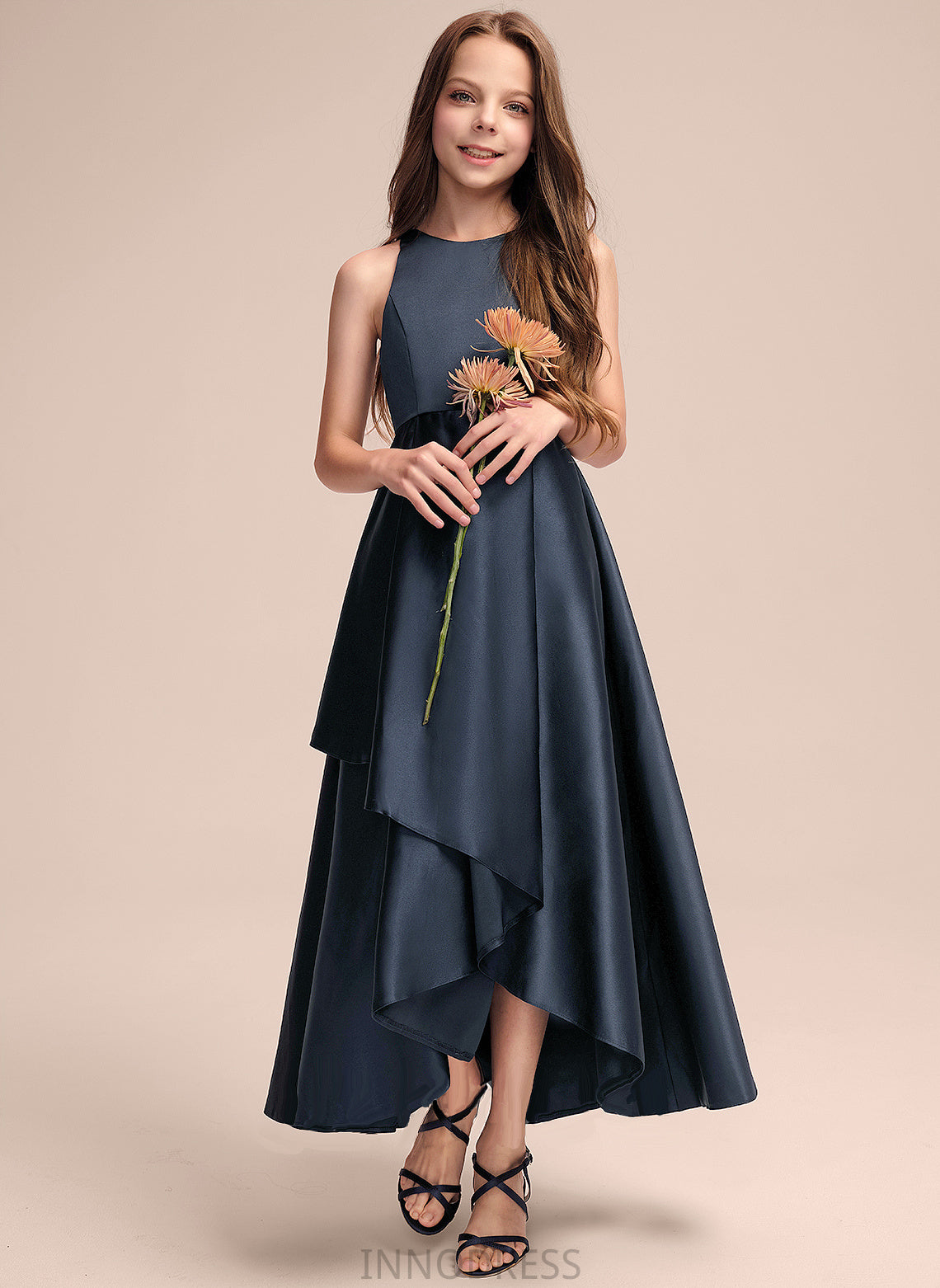 Satin With Junior Bridesmaid Dresses A-Line Neck Asymmetrical Cascading Ruffles Scoop Madilyn