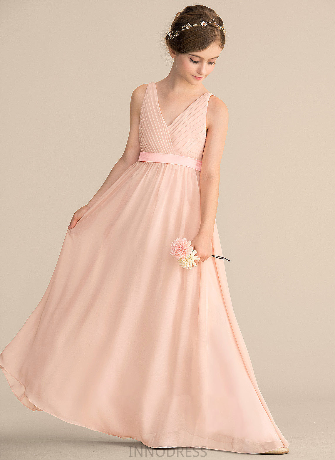 A-Line Floor-Length Ruffle Bow(s) With V-neck Chiffon Junior Bridesmaid Dresses Kinsley