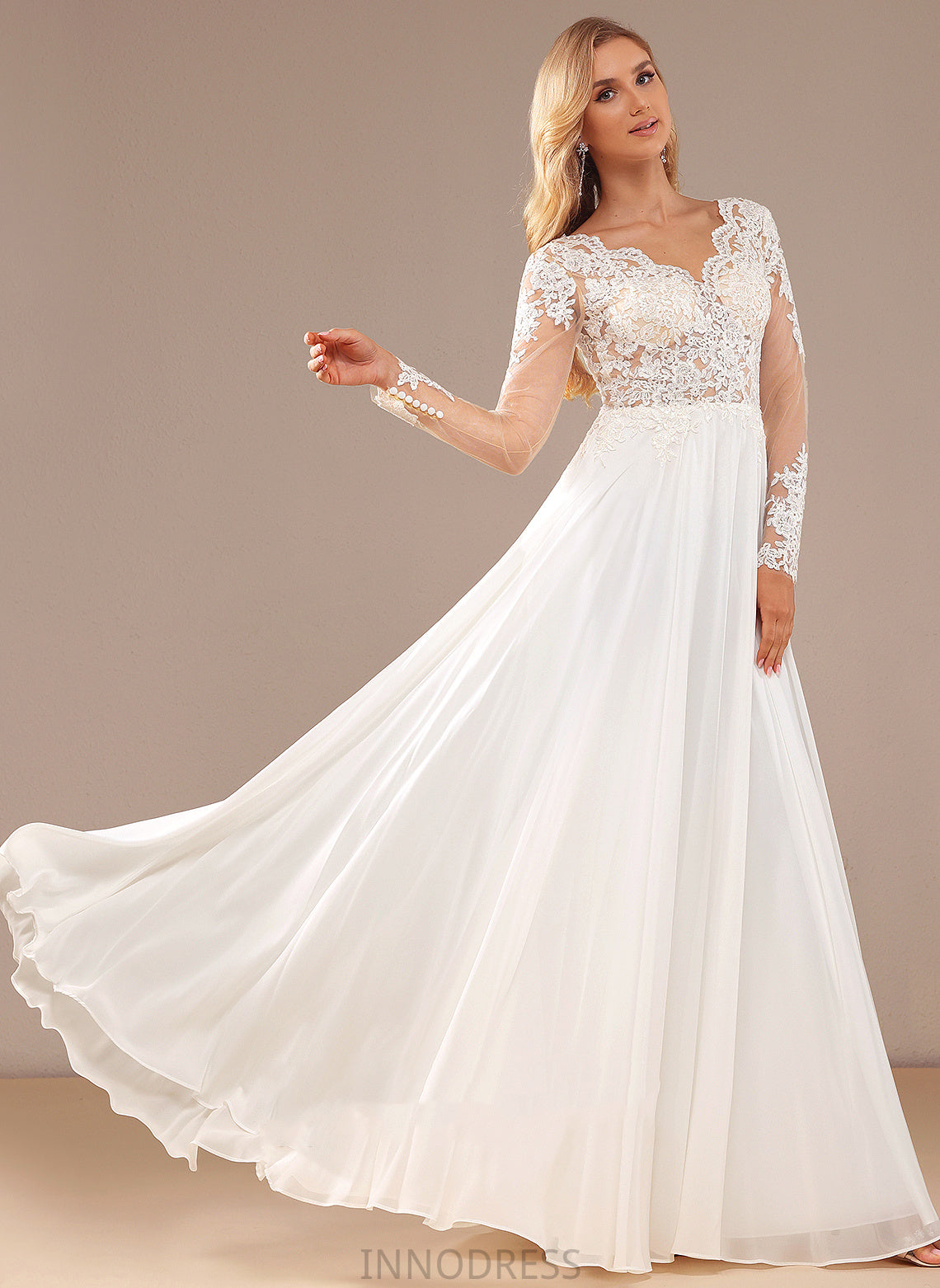 Sequins Wedding Dresses Kristina Chiffon Wedding V-neck A-Line Floor-Length Lace Dress Lace With