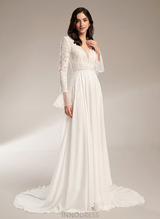 A-Line With Aria Dress Train V-neck Court Wedding Dresses Ruffle Wedding