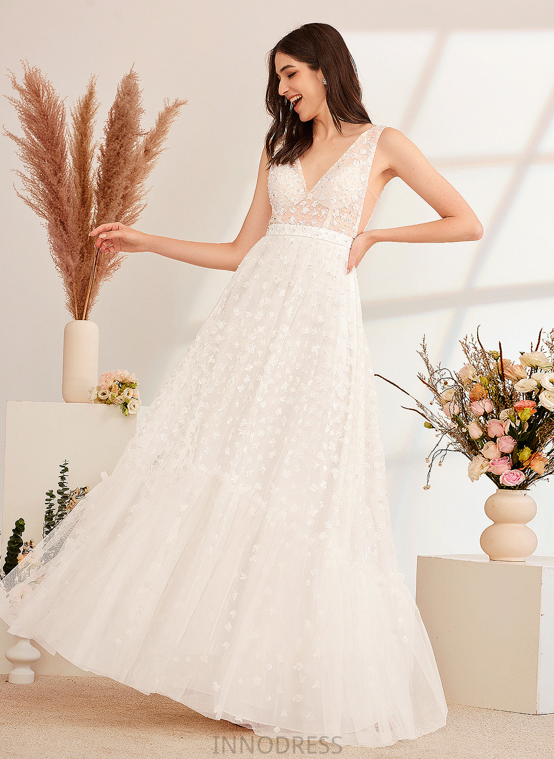 Floor-Length V-neck Sequins Wedding Dresses Dress Beading A-Line Elizabeth Wedding With