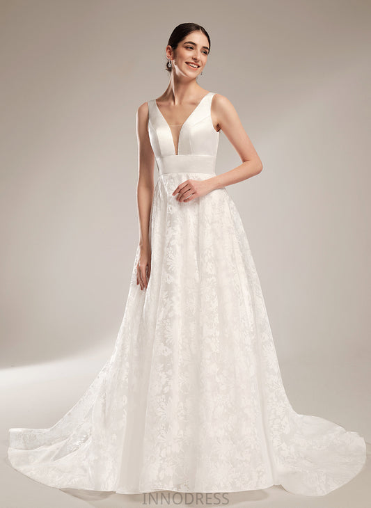 Train Wedding Dresses Chapel Shiloh Wedding V-neck Lace Dress Ball-Gown/Princess Satin