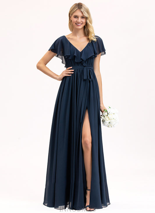 Split Cascading Chiffon Maci Ruffles A-Line Prom Dresses With Bow(s) Front V-neck Floor-Length