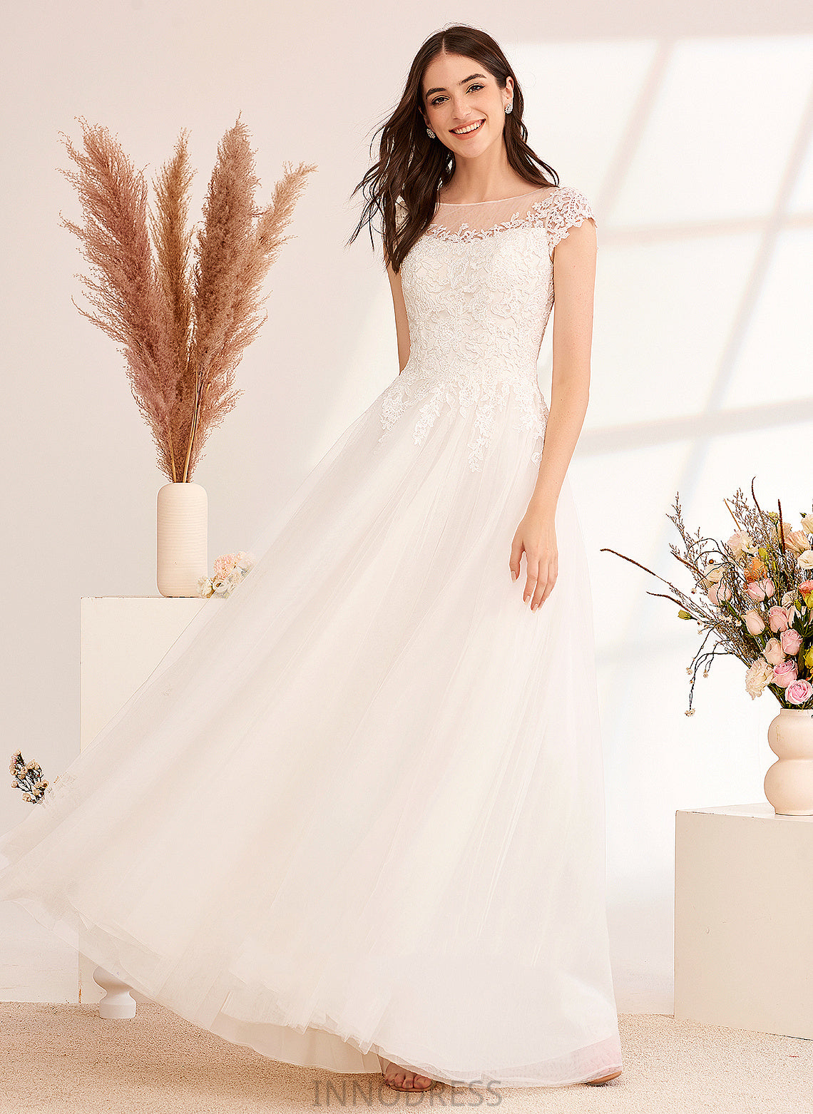 With Lace Dress Lace Wedding Dresses Ball-Gown/Princess Floor-Length Madalynn Tulle Illusion Wedding