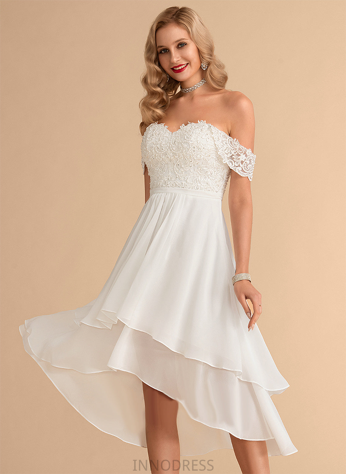 Dress Asymmetrical Tricia Off-the-Shoulder Lace Beading Sequins Wedding Dresses Chiffon Wedding A-Line With