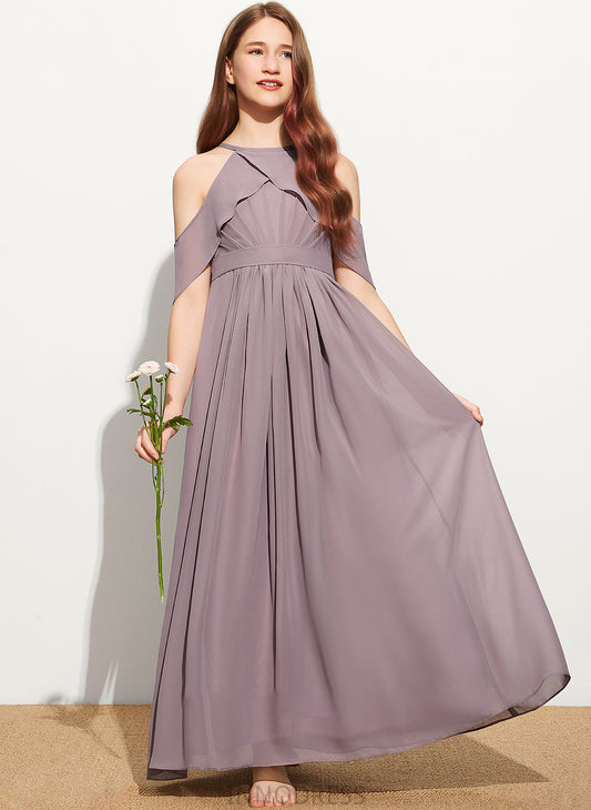 A-Line Chiffon Floor-Length Junior Bridesmaid Dresses With Neck Scoop Ruffle Kelsey