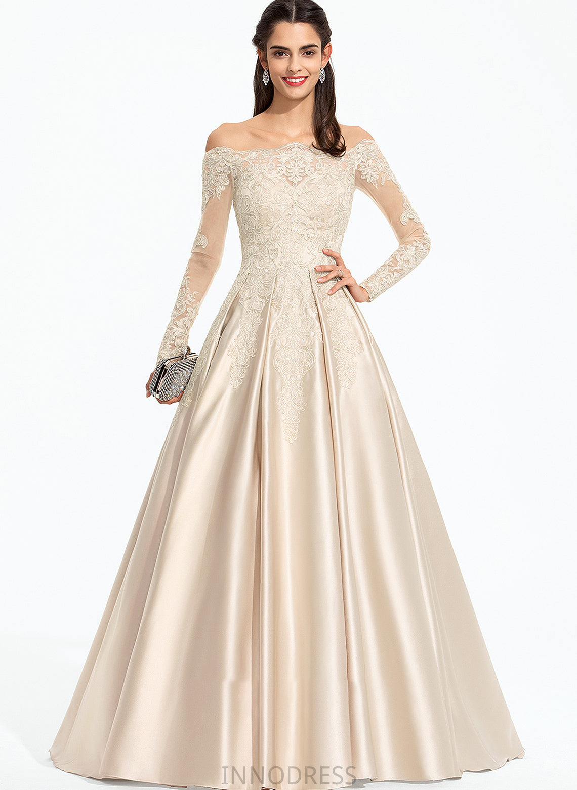 With Sequins Sweep Ball-Gown/Princess Off-the-Shoulder Train Satin Brooke Prom Dresses