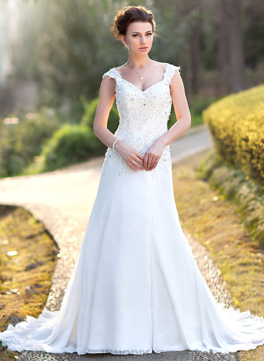 Court Wedding Chiffon Sequins Dress Wedding Dresses Beading Jayla A-Line Train V-neck Lace With