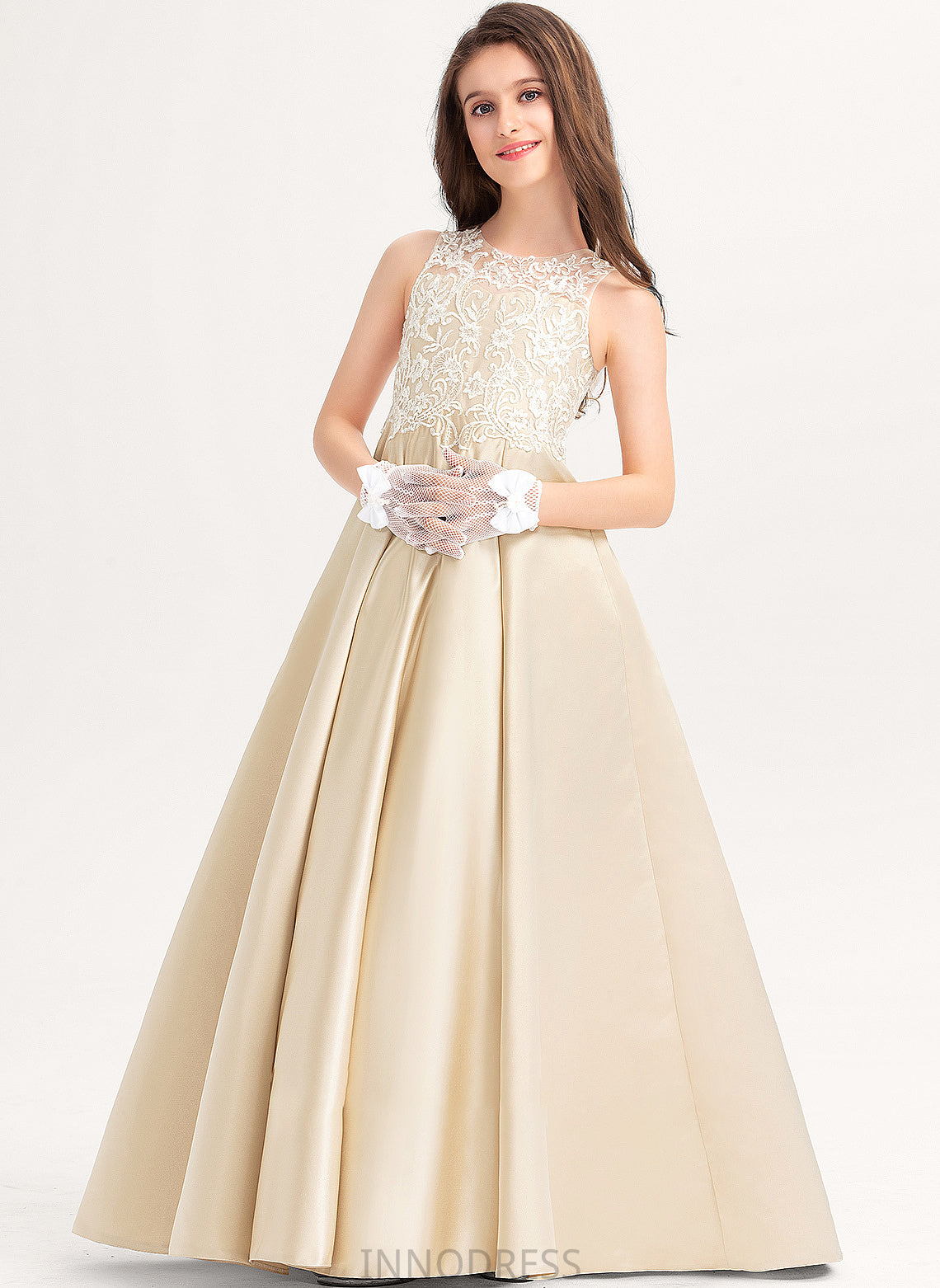 Scoop Satin Ball-Gown/Princess Lace Floor-Length Junior Bridesmaid Dresses Anabel Neck