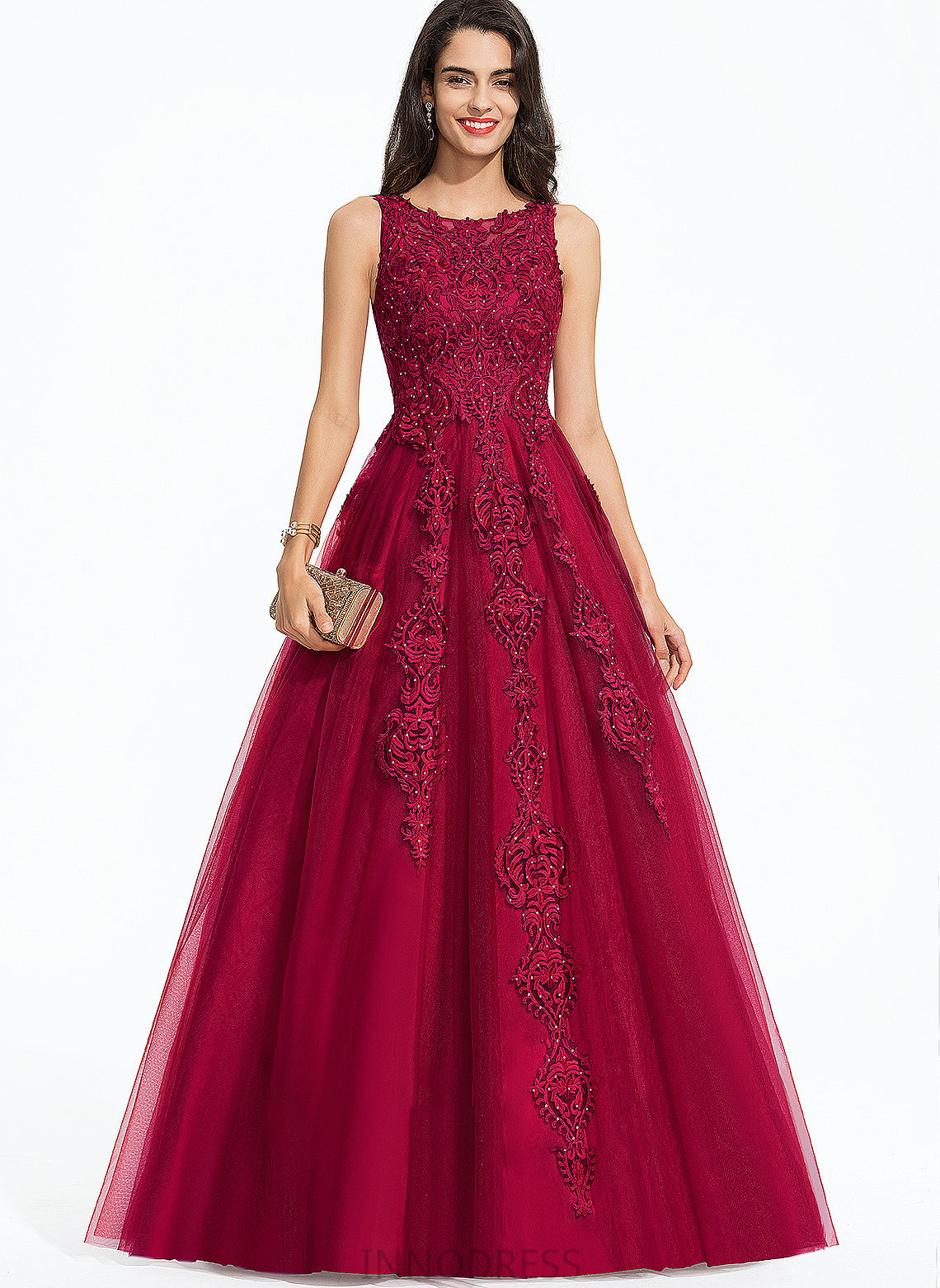 Ball-Gown/Princess Sweep Neck Train Scoop With Gloria Beading Tulle Prom Dresses