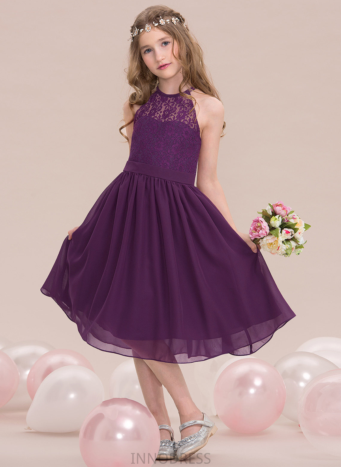 Chiffon Neck Junior Bridesmaid Dresses Adelaide Scoop Knee-Length A-Line