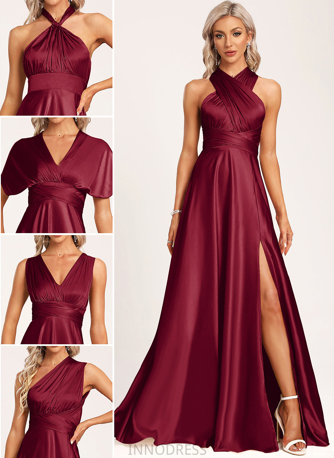 A-Line Neckline V-neck Fabric Halter Straps&Sleeves One-Shoulder Satin Length Silhouette Floor-Length Amani Bridesmaid Dresses