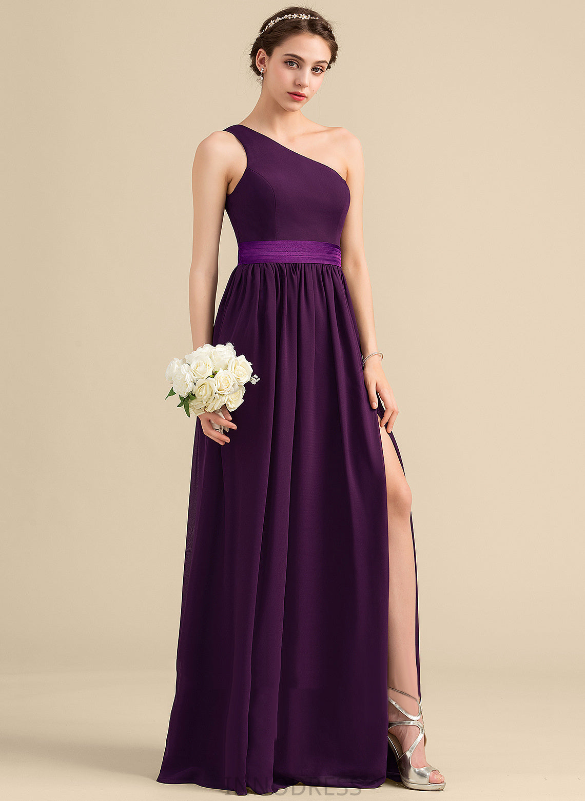 Embellishment A-Line Fabric One-Shoulder Length Floor-Length SplitFront Silhouette Ruffle Neckline Susanna Spaghetti Staps Bridesmaid Dresses