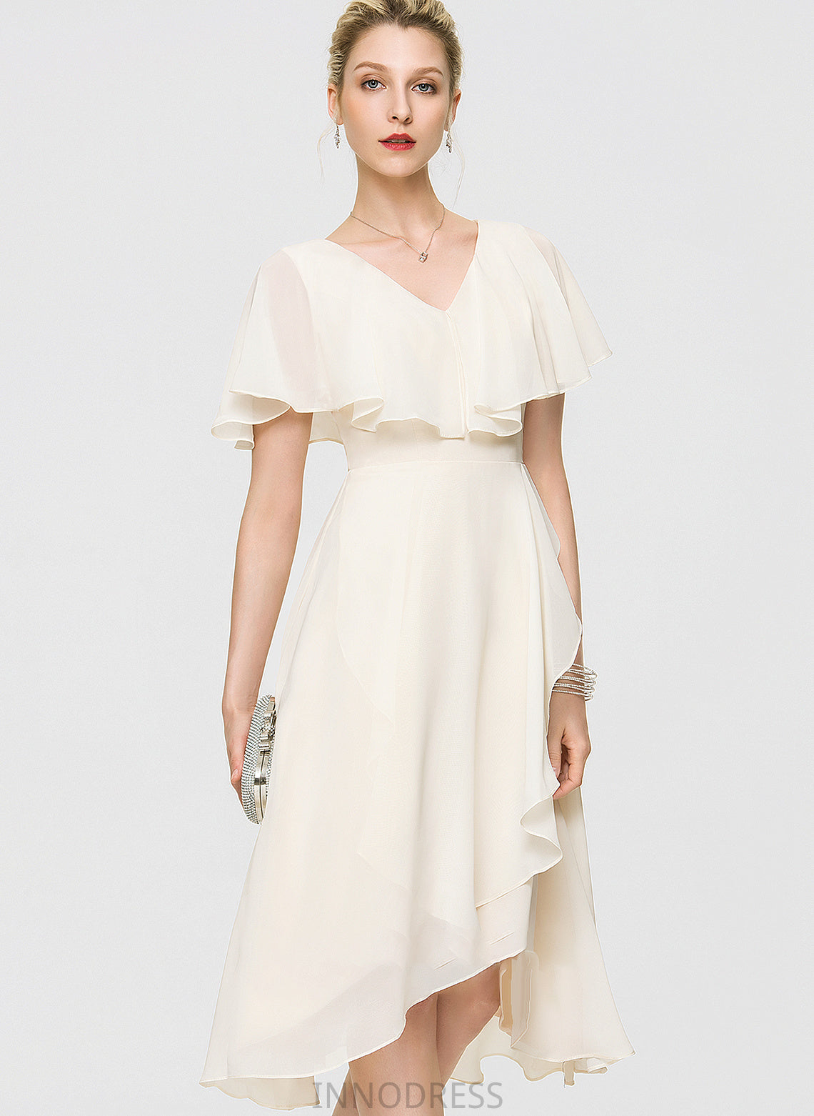 Wedding Dresses A-Line Dress Simone V-neck Ruffles Chiffon Cascading Wedding Asymmetrical Bow(s) With