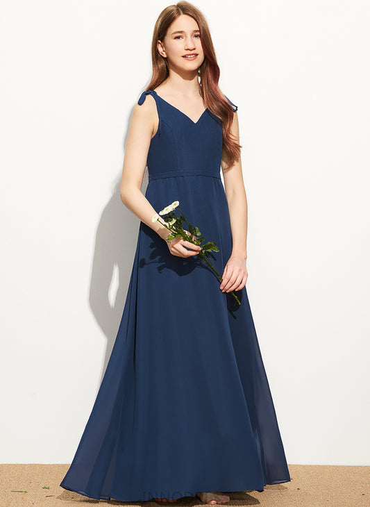 Junior Bridesmaid Dresses Bow(s) Kendal A-Line Chiffon Floor-Length V-neck With