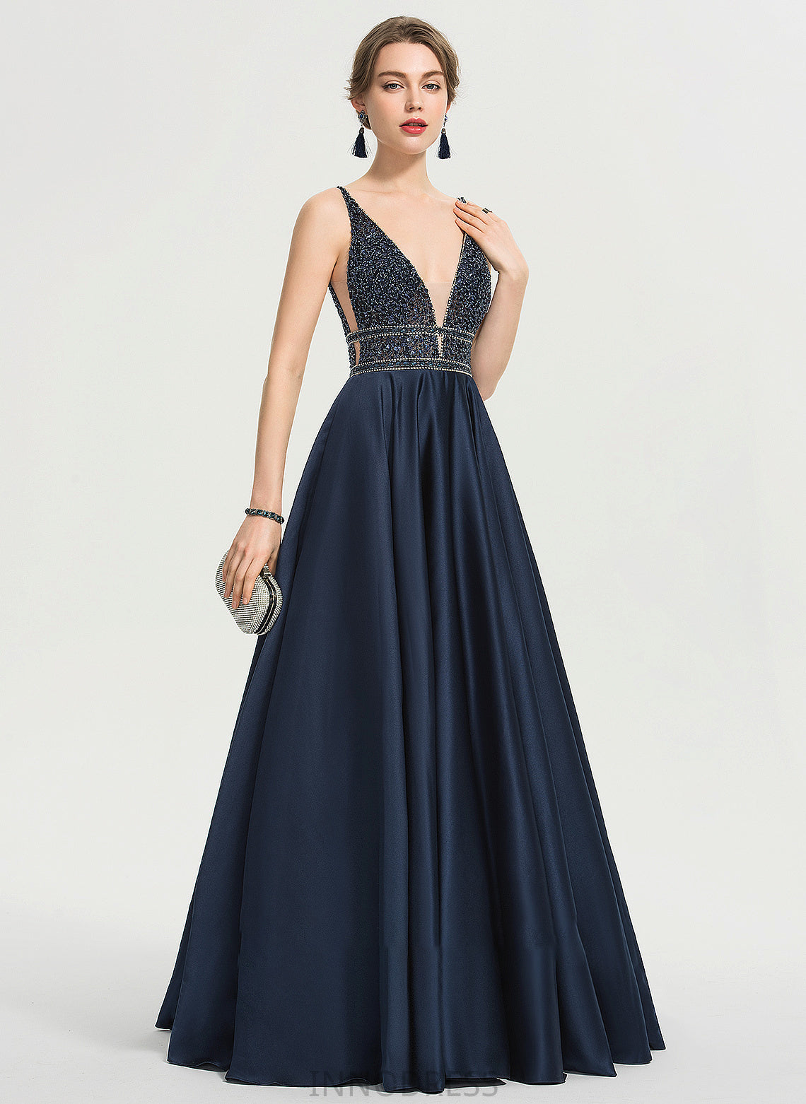 Ball-Gown/Princess V-neck Aubrie Floor-Length Sequins Beading With Prom Dresses Satin