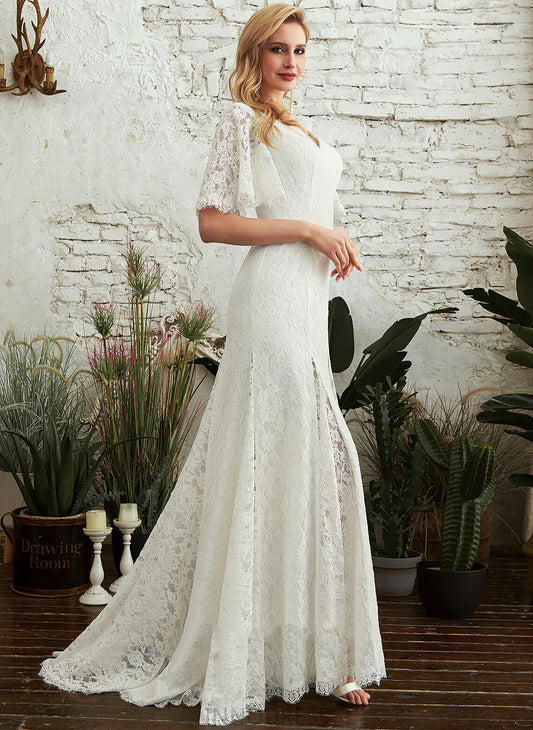 Sweep V-neck Wedding Dresses Split Wedding Dress With Tamia Sheath/Column Lace Train Front