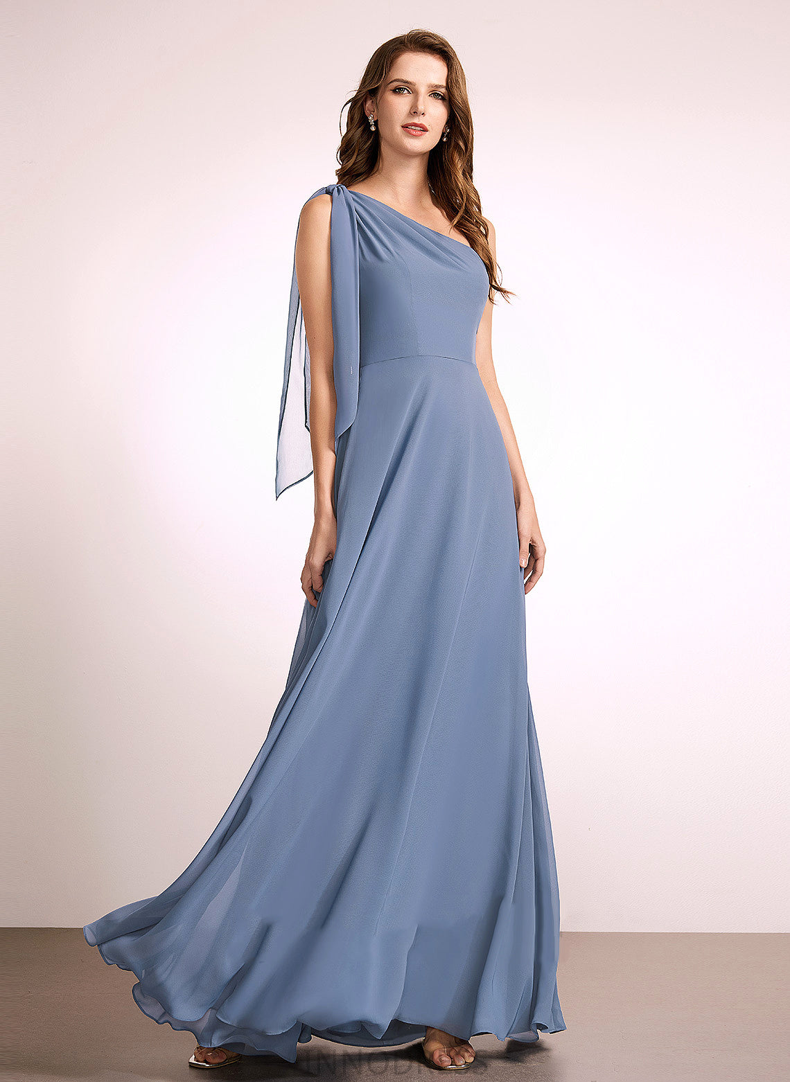 Fabric Floor-Length Neckline Bow(s) One-Shoulder Silhouette Length Embellishment A-Line Lailah High Low V-Neck Bridesmaid Dresses