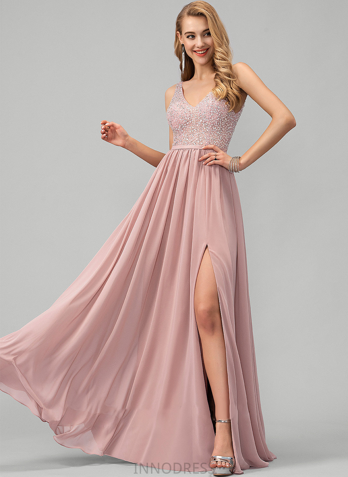 Split V-neck Sequins Floor-Length Beading A-Line Prom Dresses Front Chiffon With Kathryn