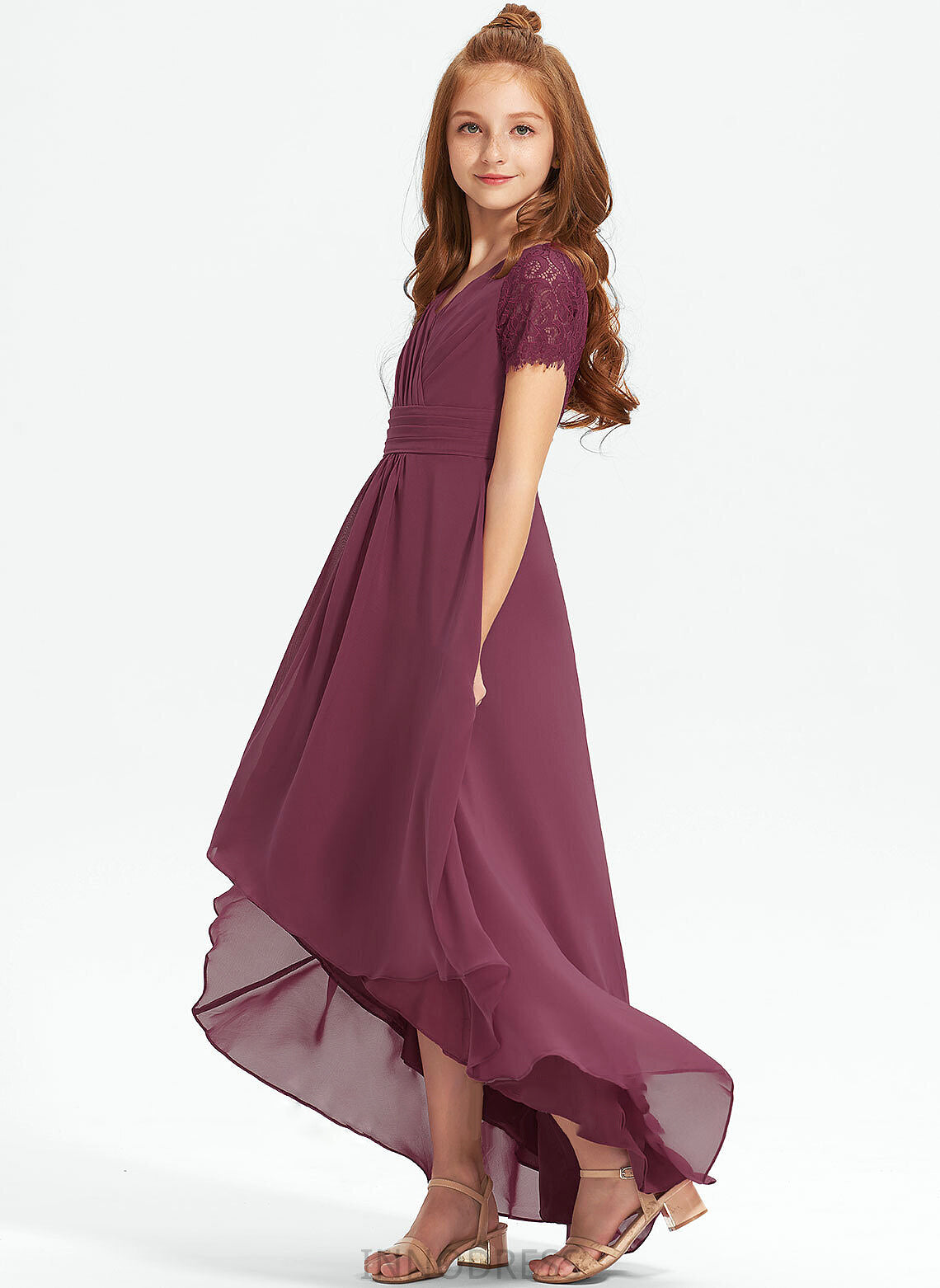 Asymmetrical With A-Line Chiffon Junior Bridesmaid Dresses Ruffle V-neck Lace Jaida