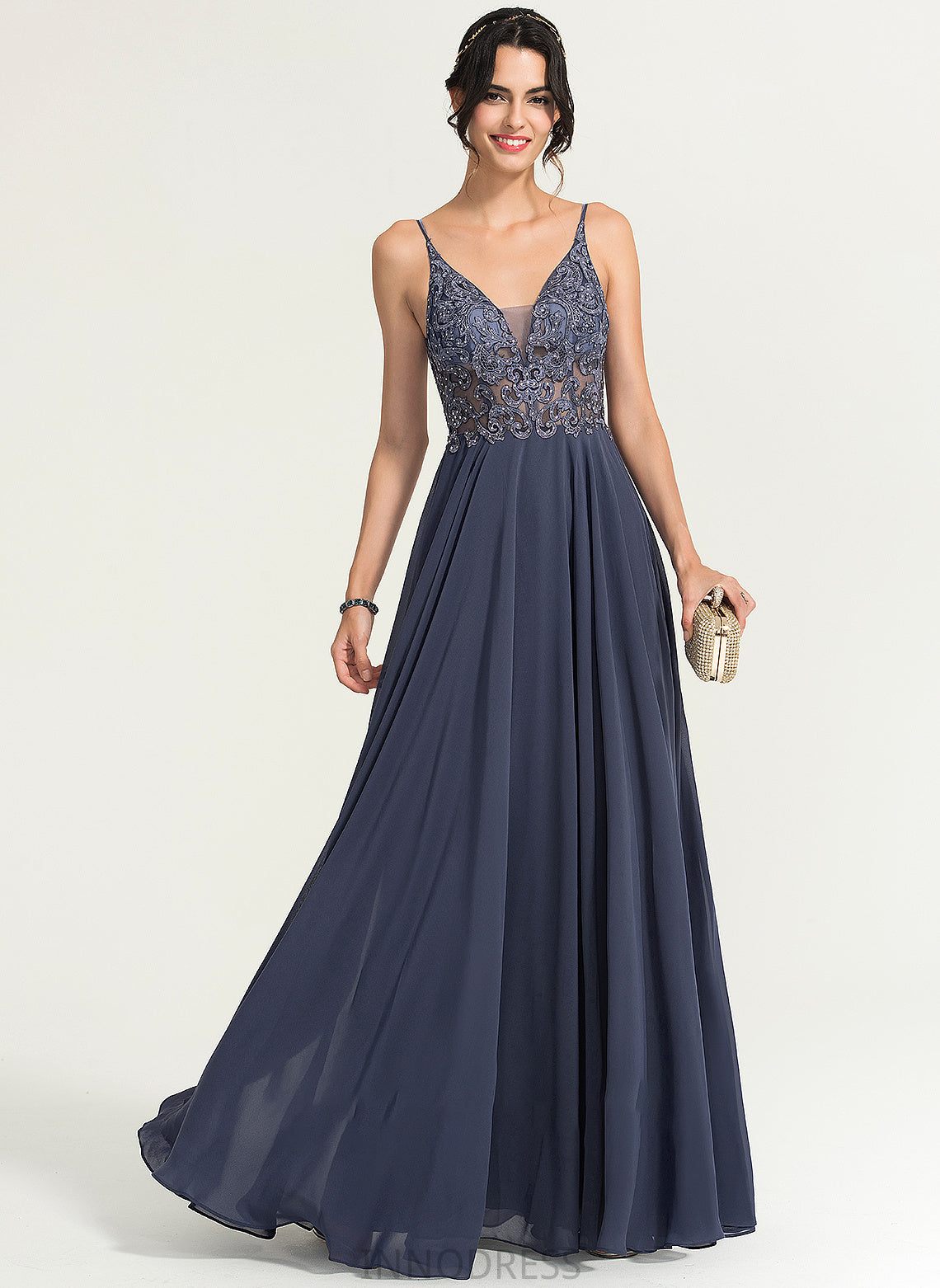 V-neck Lilliana Sequins A-Line Chiffon Beading With Floor-Length Prom Dresses