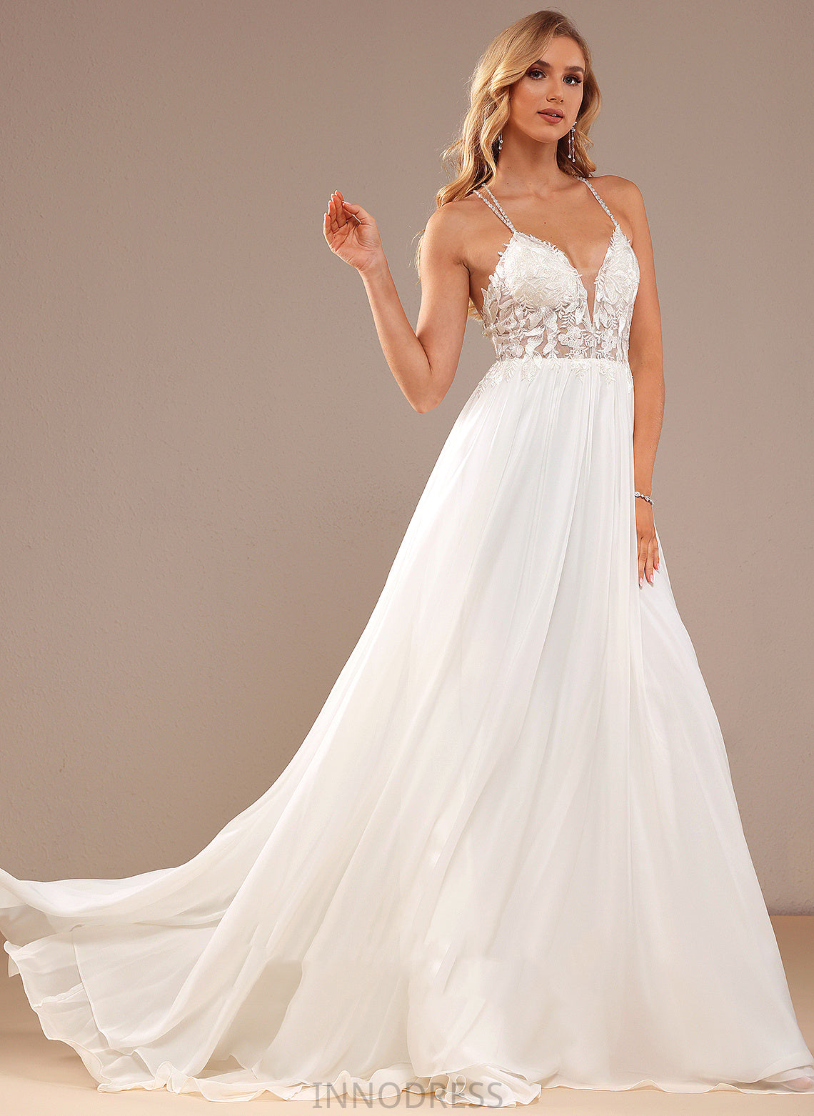 Wedding Lace Sweep Wedding Dresses With Lucia Dress A-Line V-neck Chiffon Sequins Beading Train Lace