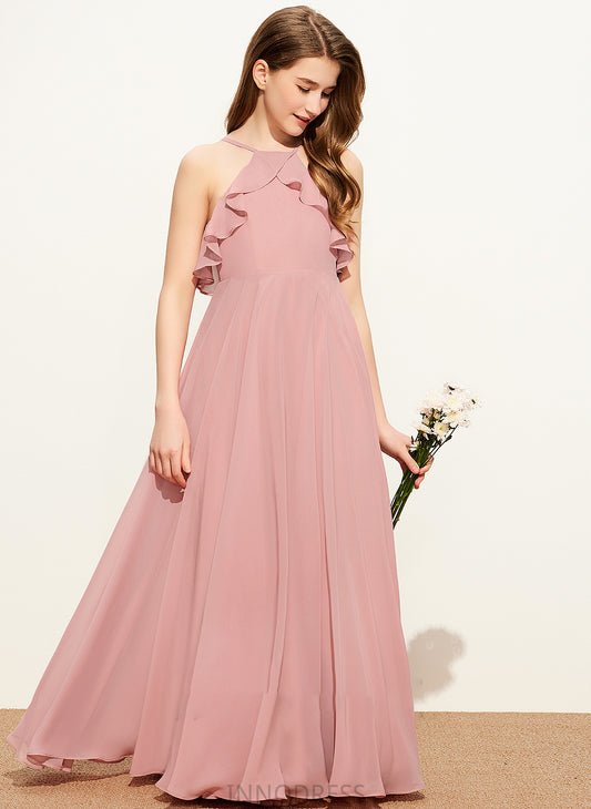 Cascading With Olive Square A-Line Junior Bridesmaid Dresses Floor-Length Neckline Ruffles Chiffon