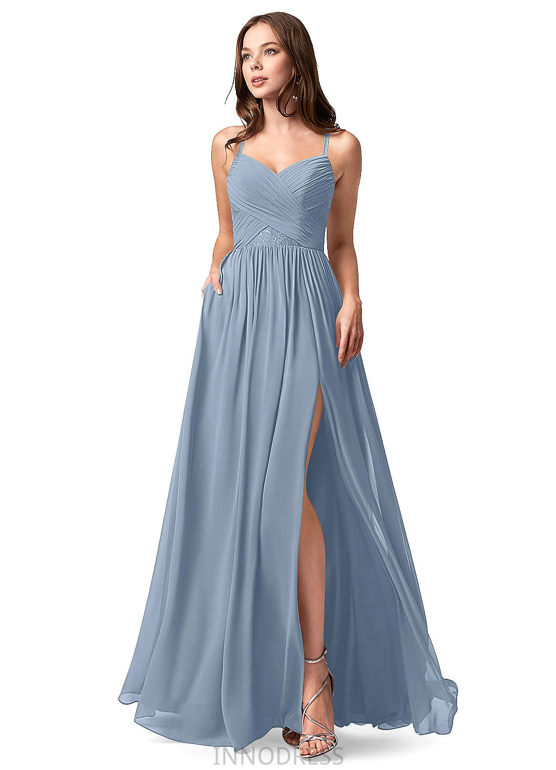 Ireland Spaghetti Staps Satin V-Neck A-Line/Princess Natural Waist Floor Length Sleeveless Bridesmaid Dresses