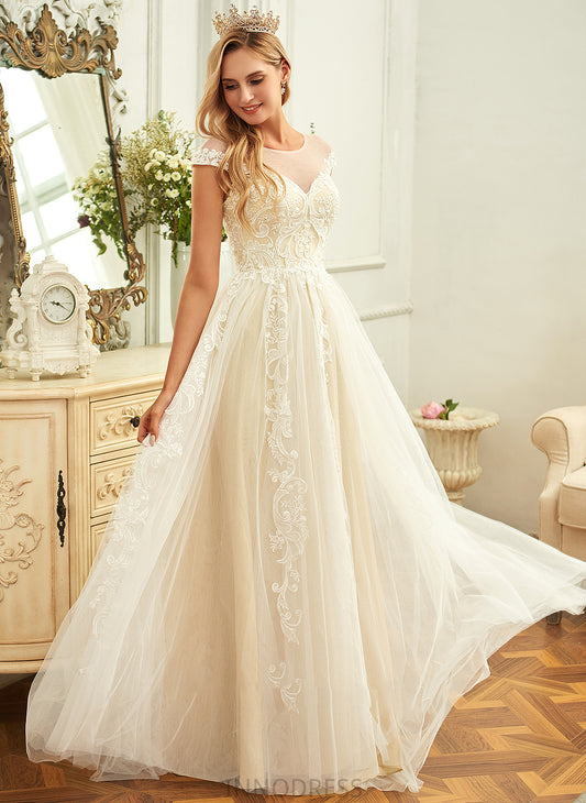 Tulle Lace Ina Wedding Dresses Scoop A-Line With Train Sweep Wedding Dress Lace Neck Ruffle