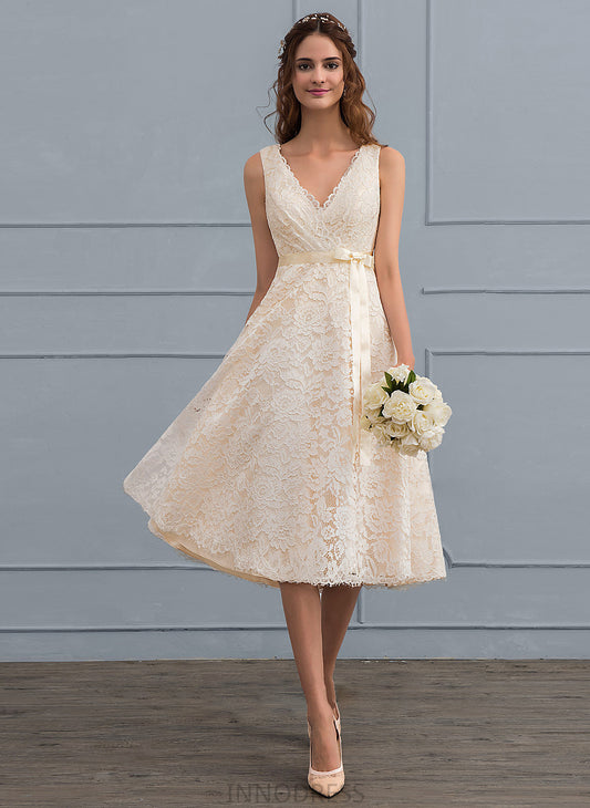 Dress Bow(s) Wedding Dresses With V-neck Wedding Knee-Length Lace A-Line Erika