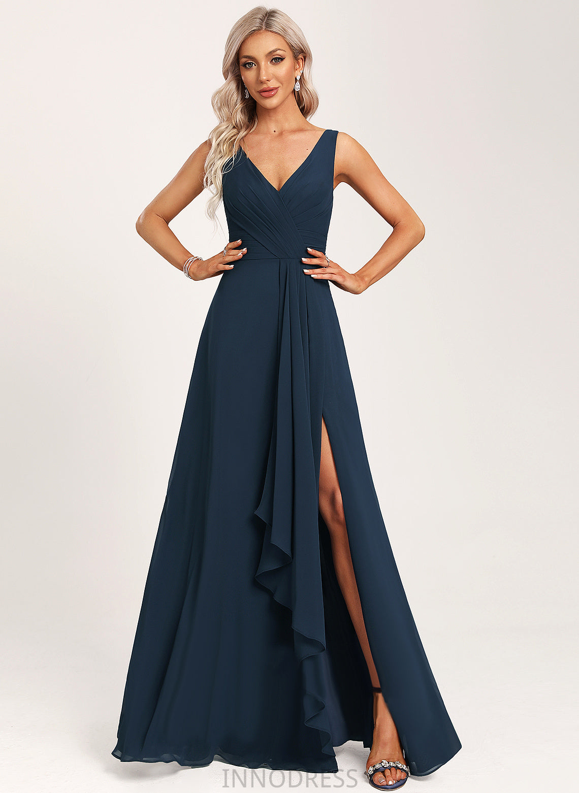 V-neck Length Embellishment Fabric Ruffle Floor-Length A-Line Silhouette Neckline Hortensia Bridesmaid Dresses