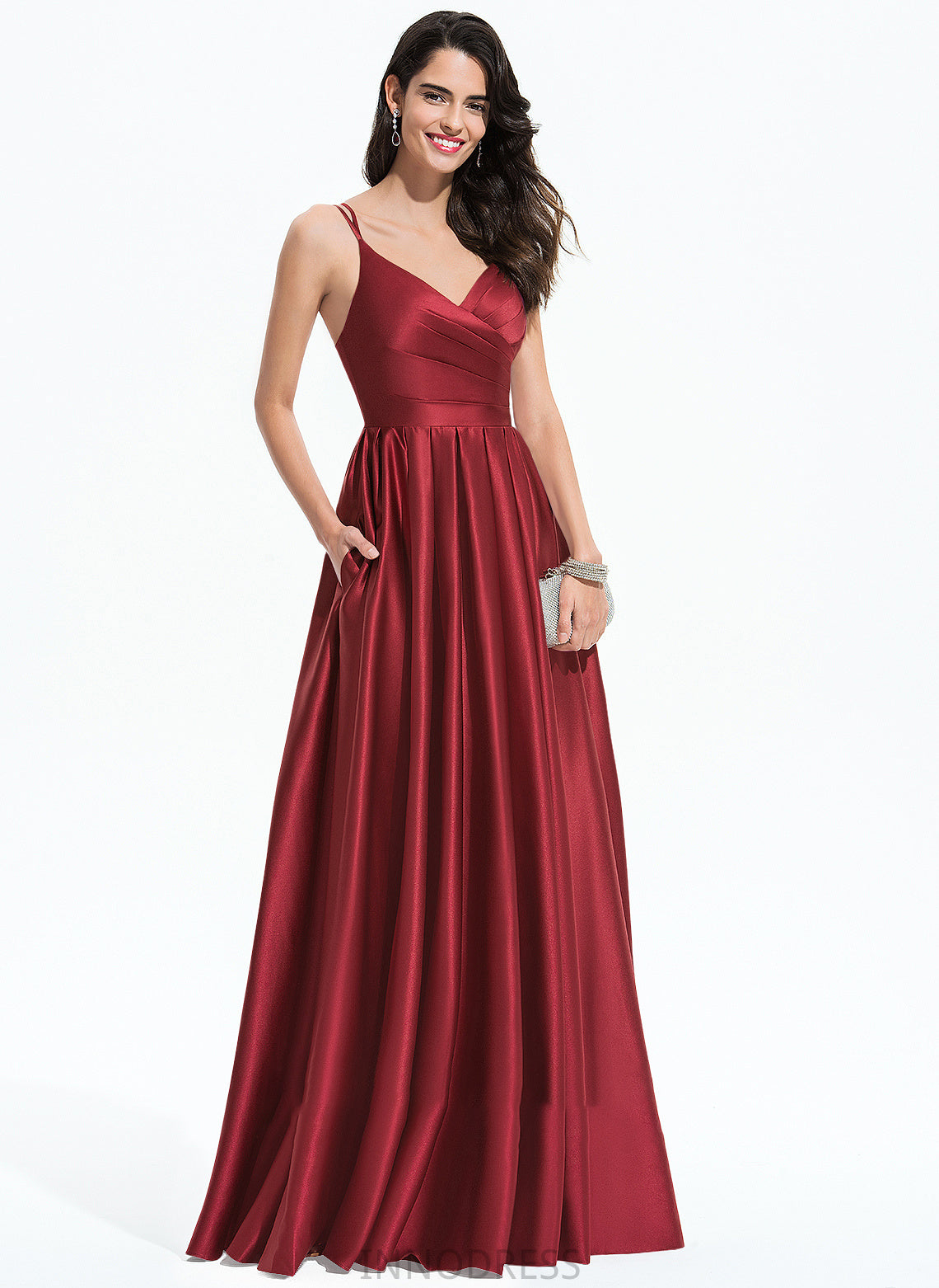 A-Line Floor-Length Sanaa Pockets Prom Dresses With V-neck Ruffle Satin