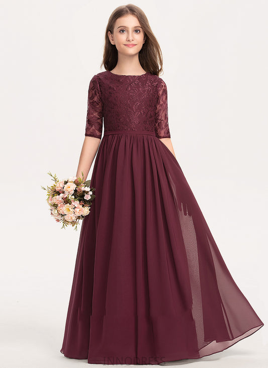 Floor-Length Coral Neck Lace Chiffon A-Line Junior Bridesmaid Dresses Scoop