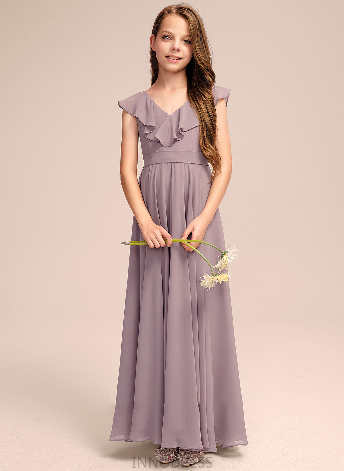 Selah Floor-Length Chiffon Junior Bridesmaid Dresses Cascading A-Line With Ruffles V-neck