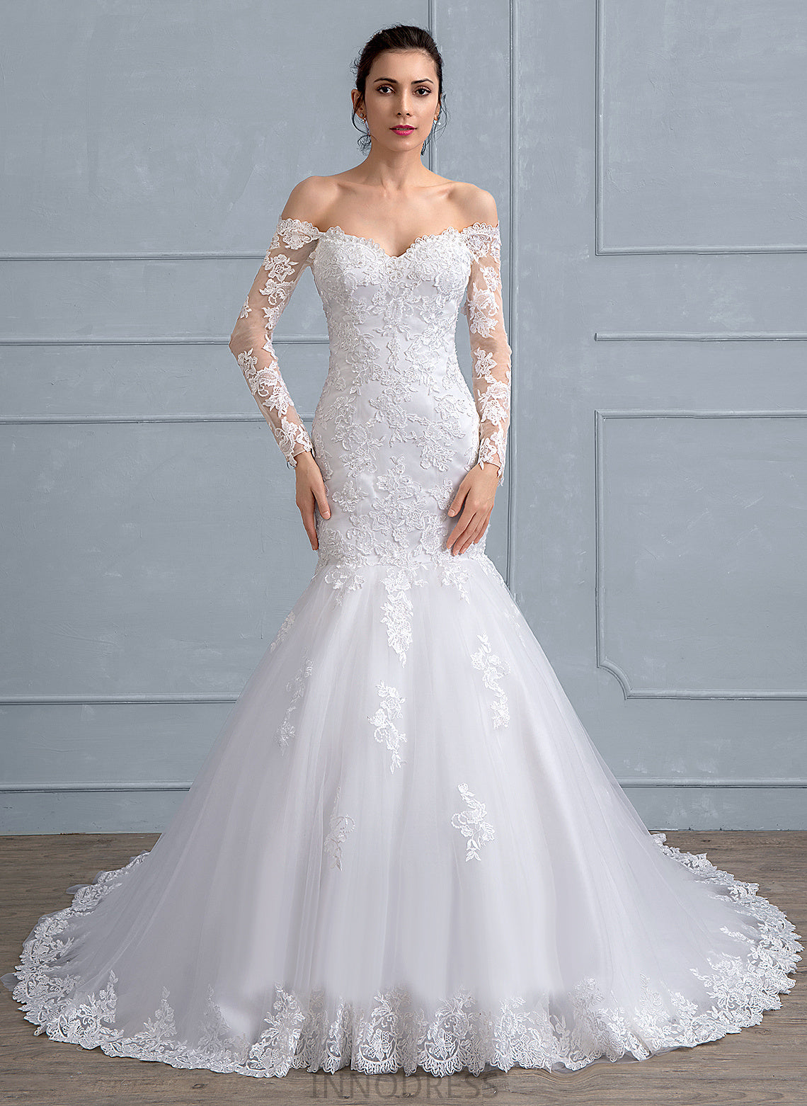 Court Tulle Wedding Dresses With Trumpet/Mermaid Beading Dress Off-the-Shoulder Sequins Lace Train Ainsley Wedding