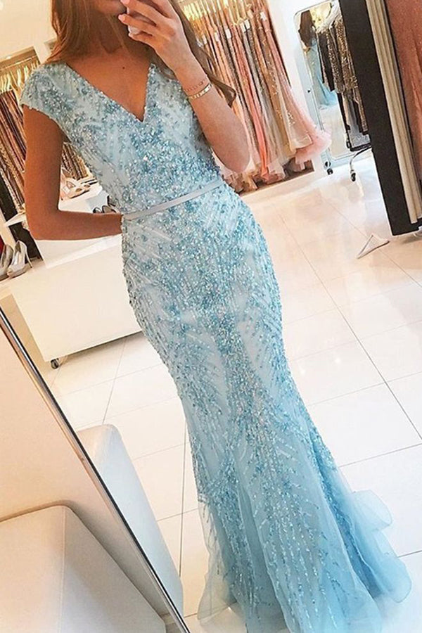 Light Blue Trumpet Floor Length Capped Sleeve Beading Prom Dresses