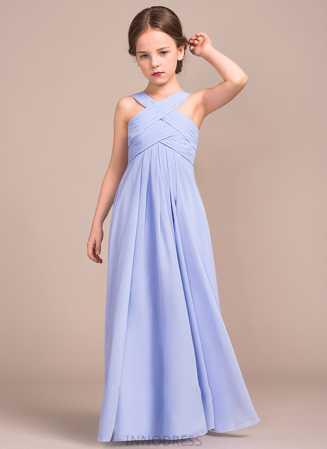 V-neck A-Line Chiffon Junior Bridesmaid Dresses Floor-Length Jaslene Ruffle With