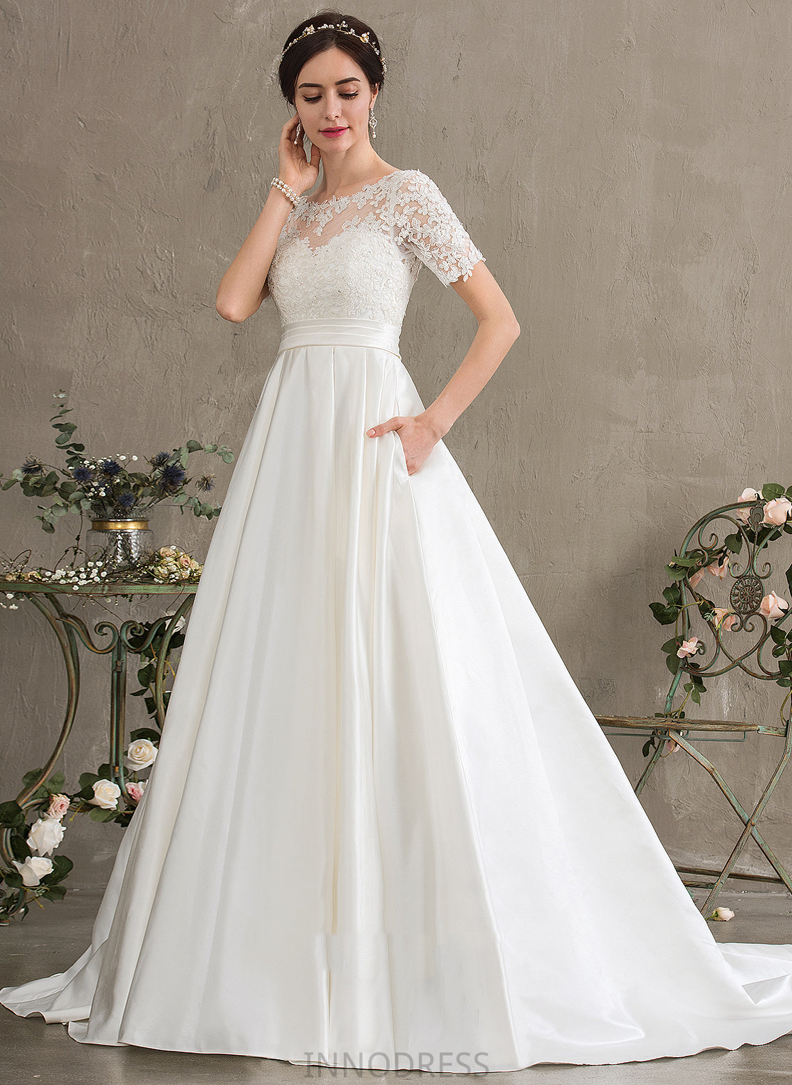 Satin Ball-Gown/Princess With Train Sequins Lace Dress Beading Pockets Cora Court Wedding Dresses Wedding