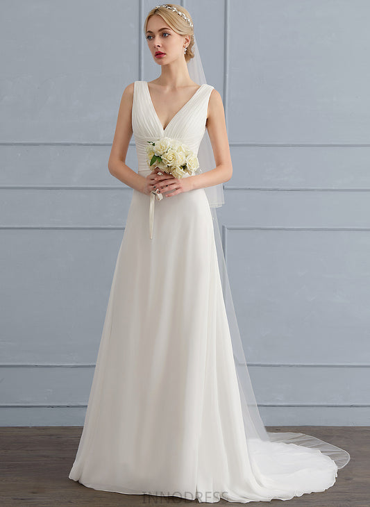 Train Wedding Dresses With Lace Wedding Mimi Ruffle Dress Chiffon A-Line V-neck Sweep