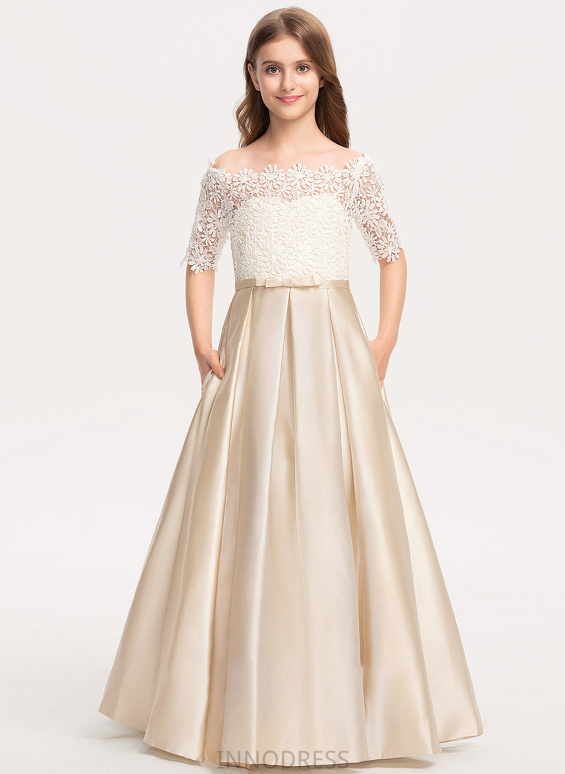 Ball-Gown/Princess Evie Junior Bridesmaid Dresses Floor-Length Lace Satin Bow(s) Off-the-Shoulder Pockets With