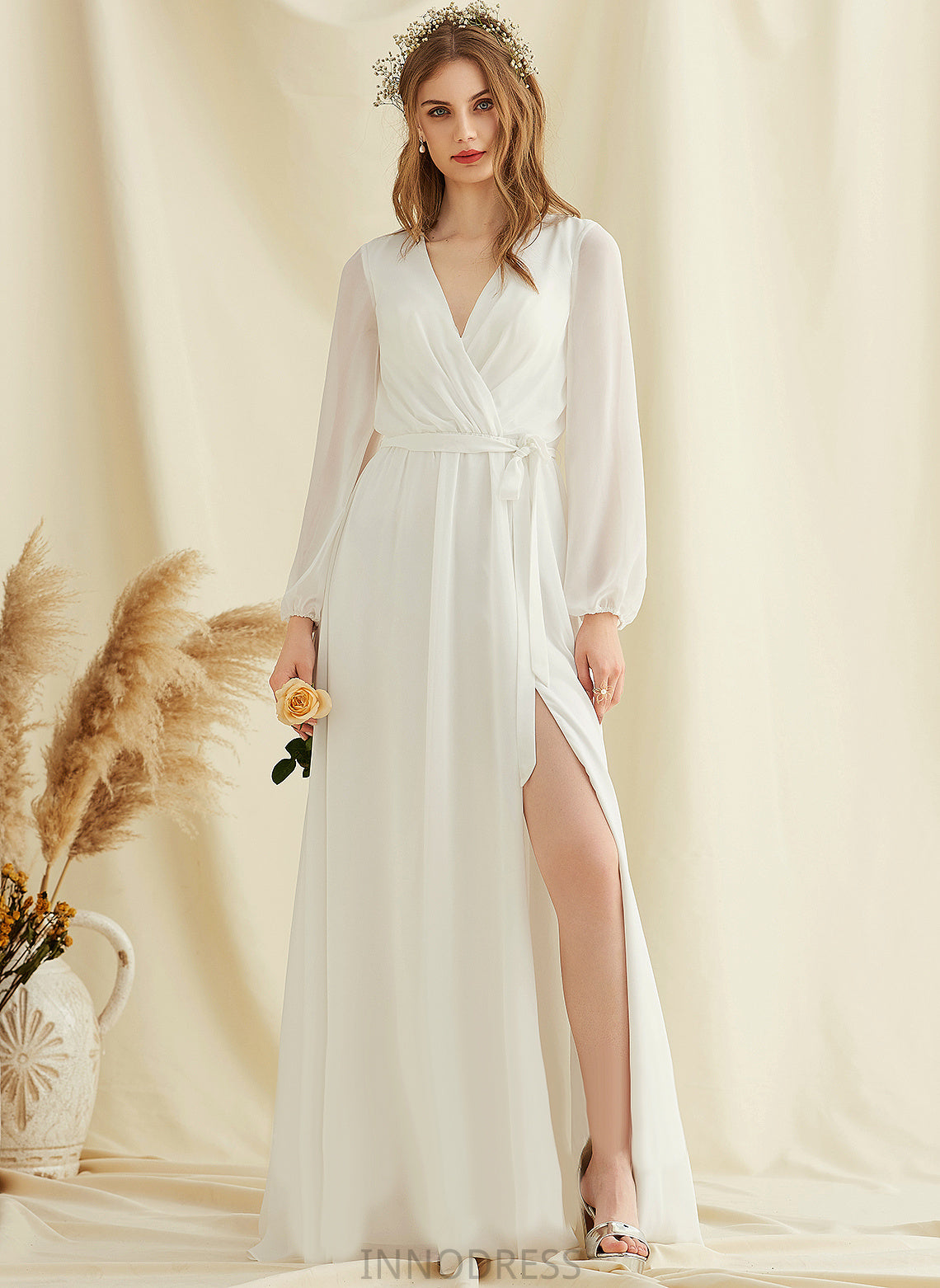 Floor-Length A-Line Wedding Dress Wedding Dresses Kaila V-neck Chiffon