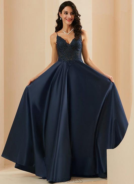 Satin Floor-Length Breanna A-Line Prom Dresses With V-neck Lace