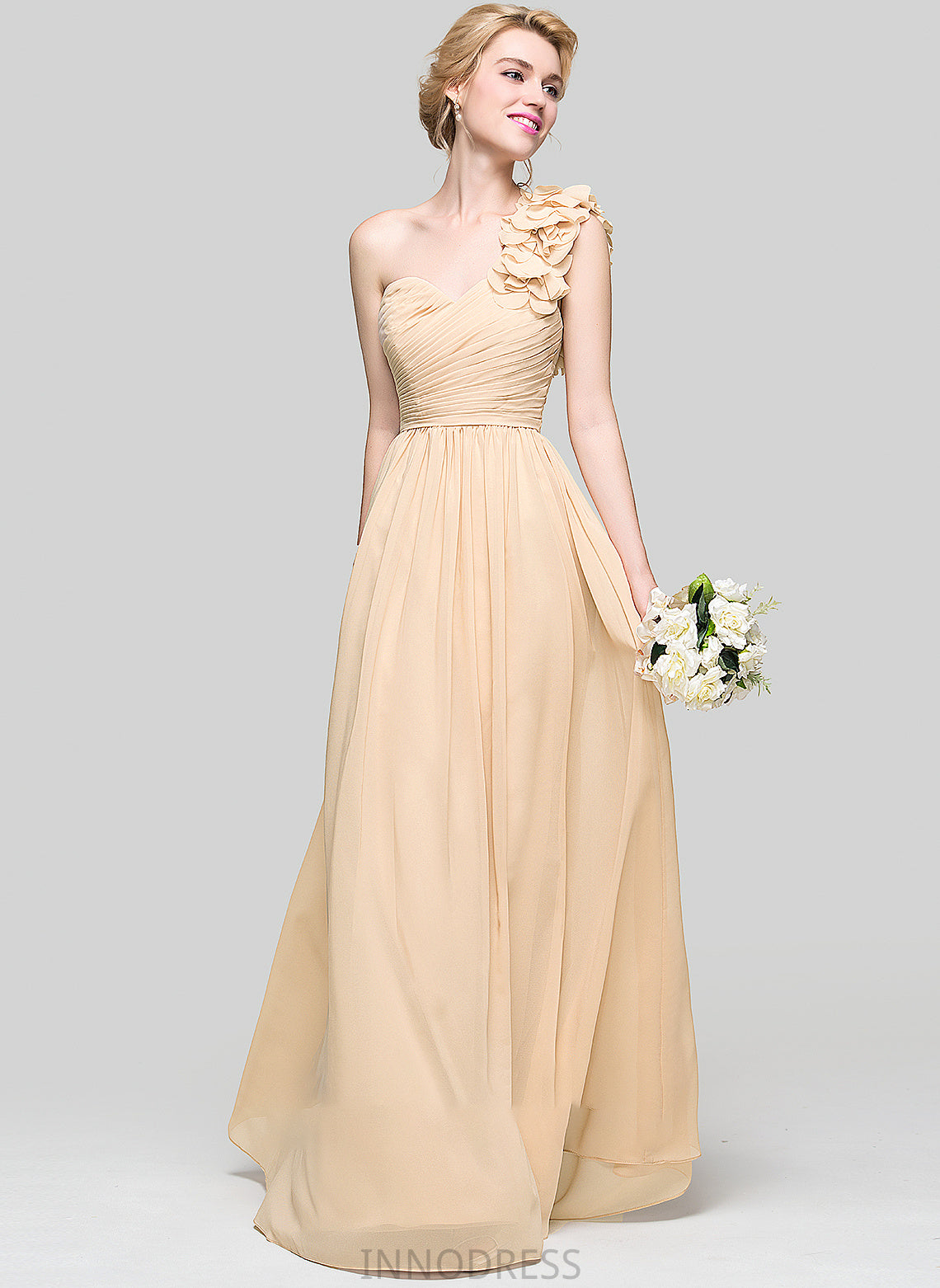 Floor-Length Chiffon With Kenley Ruffle Flower(s) A-Line One-Shoulder Prom Dresses