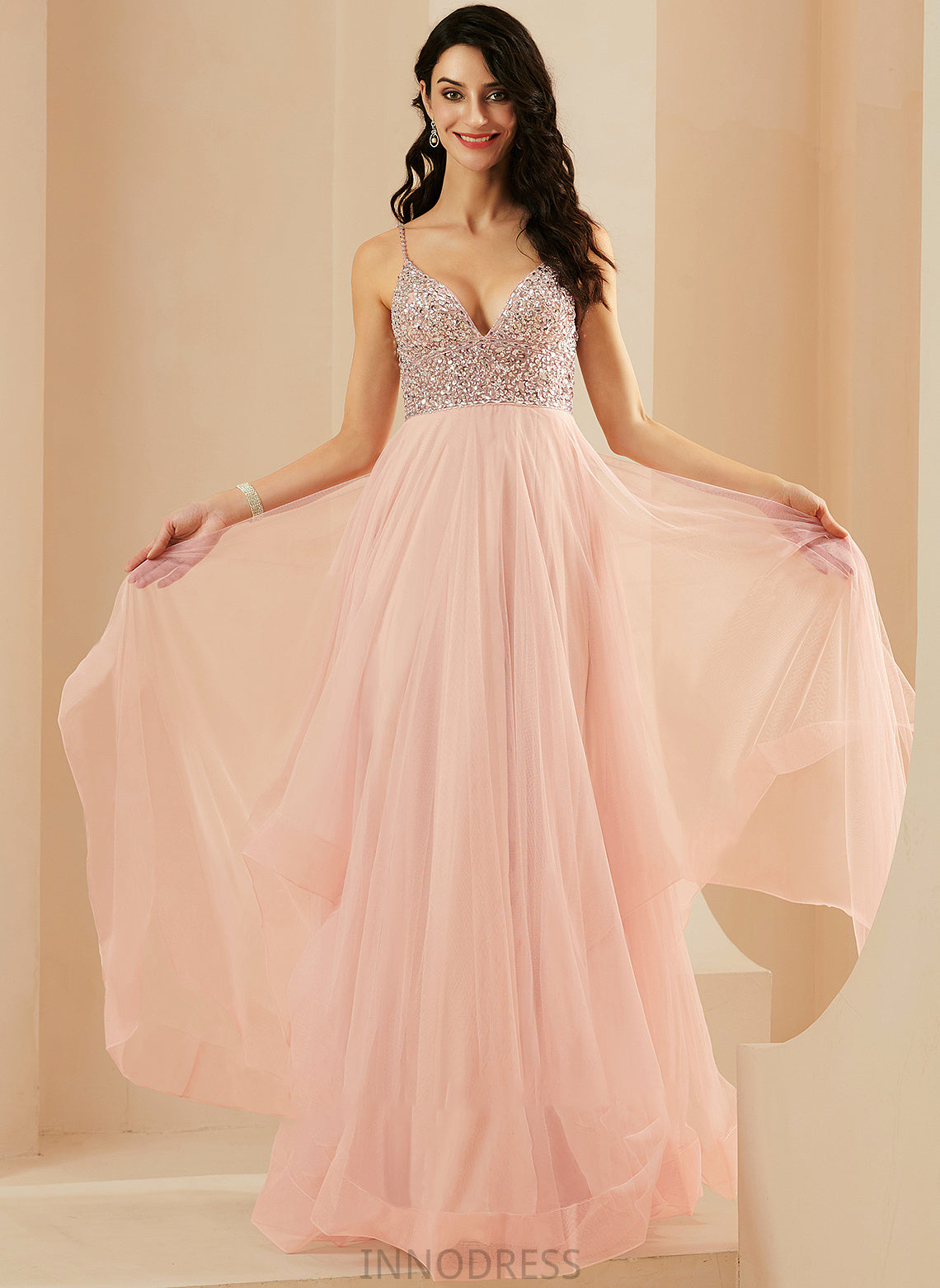 V-neck Beading Floor-Length Tulle Prom Dresses A-Line Heidy Sequins With