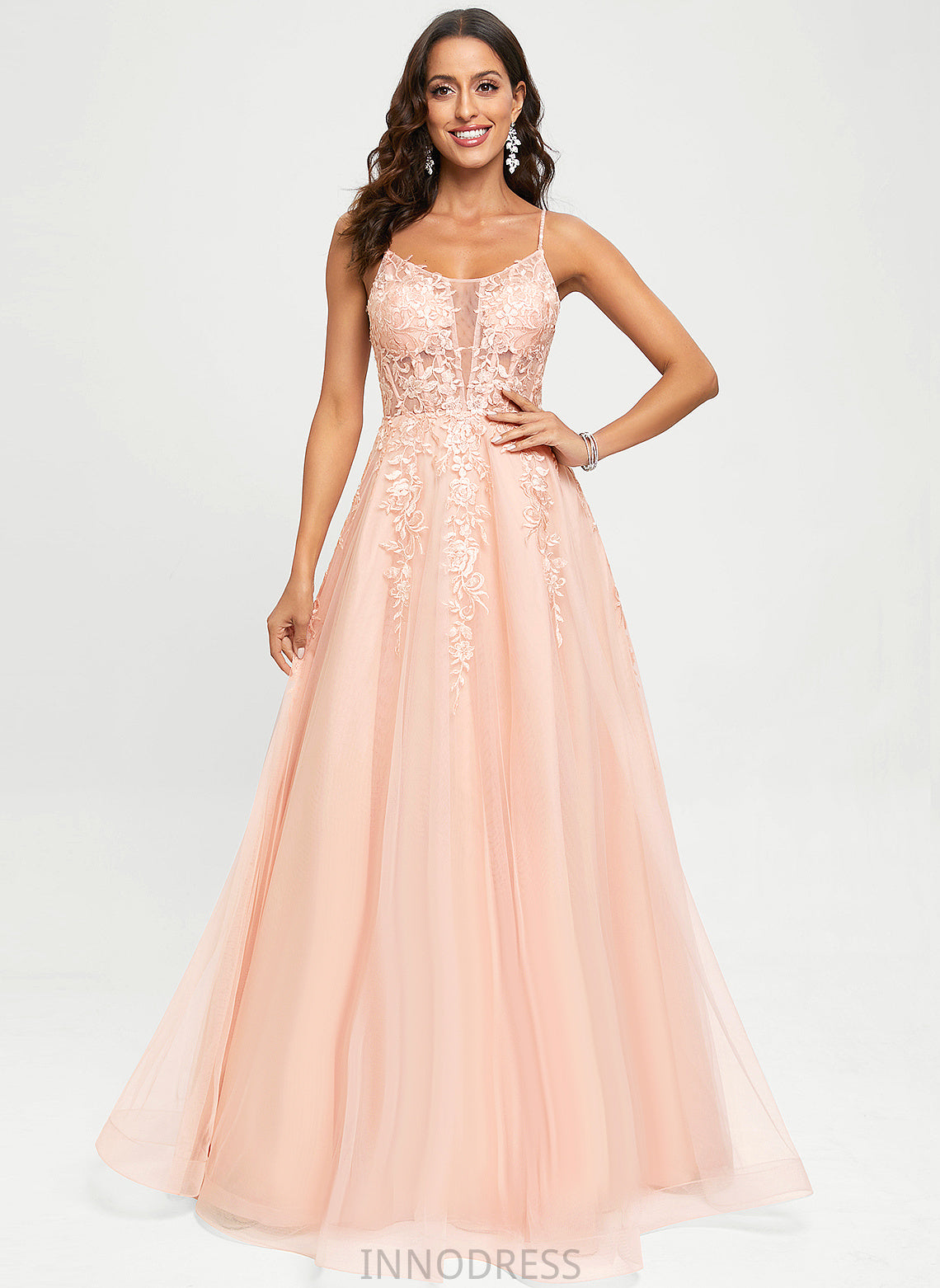 Marcia Tulle Sequins A-Line Scoop With Prom Dresses Floor-Length Lace